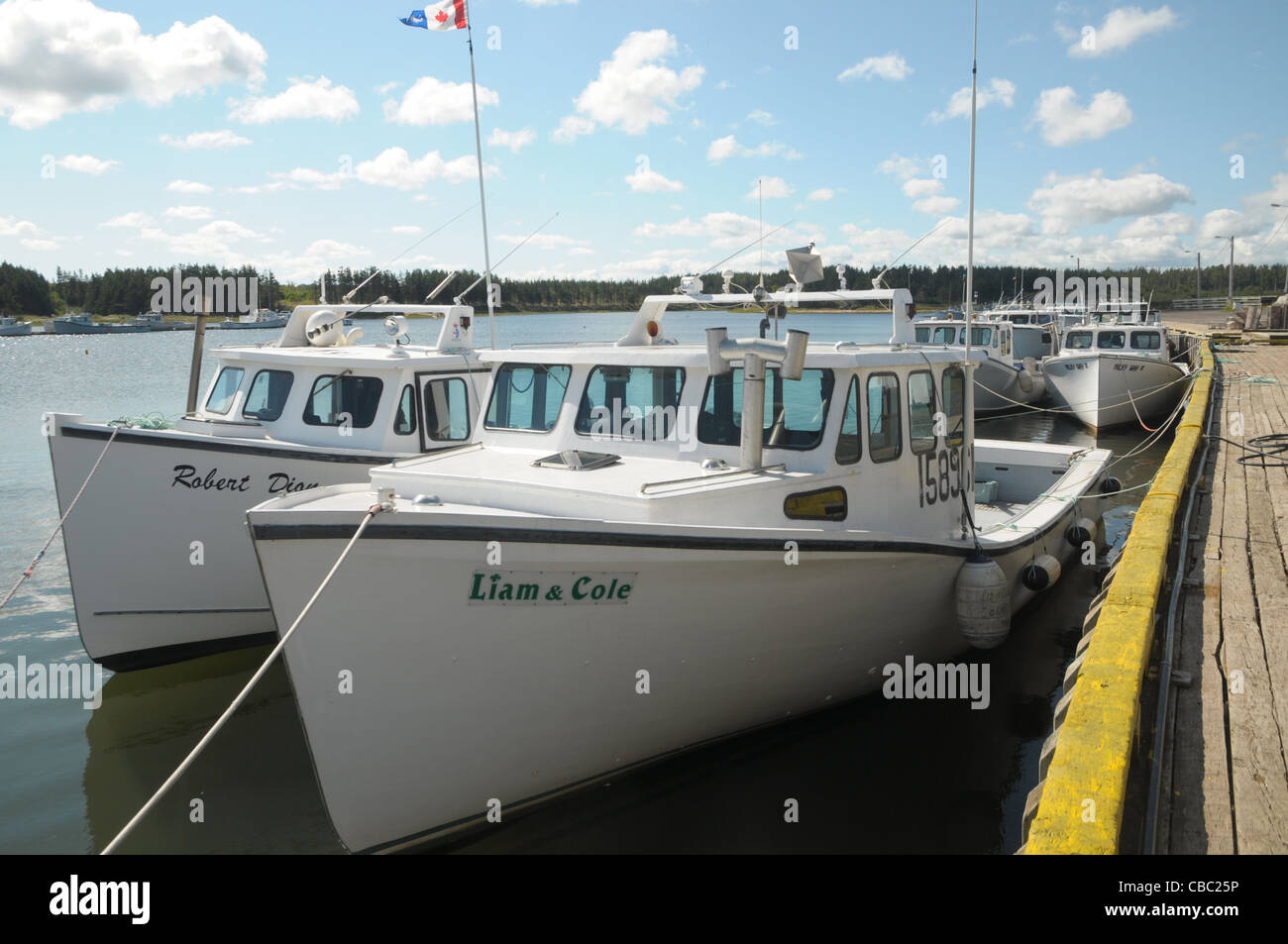 Barche da pesca sono legate alle banchine del porto di lavoro di North Lake Harbour, Prince Edward Island. Canada Foto Stock
