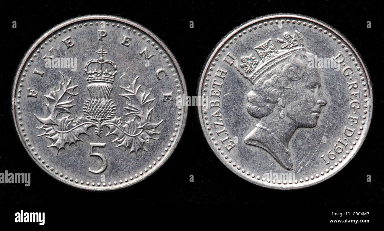 5 pence coin, UK, 1991 Foto Stock