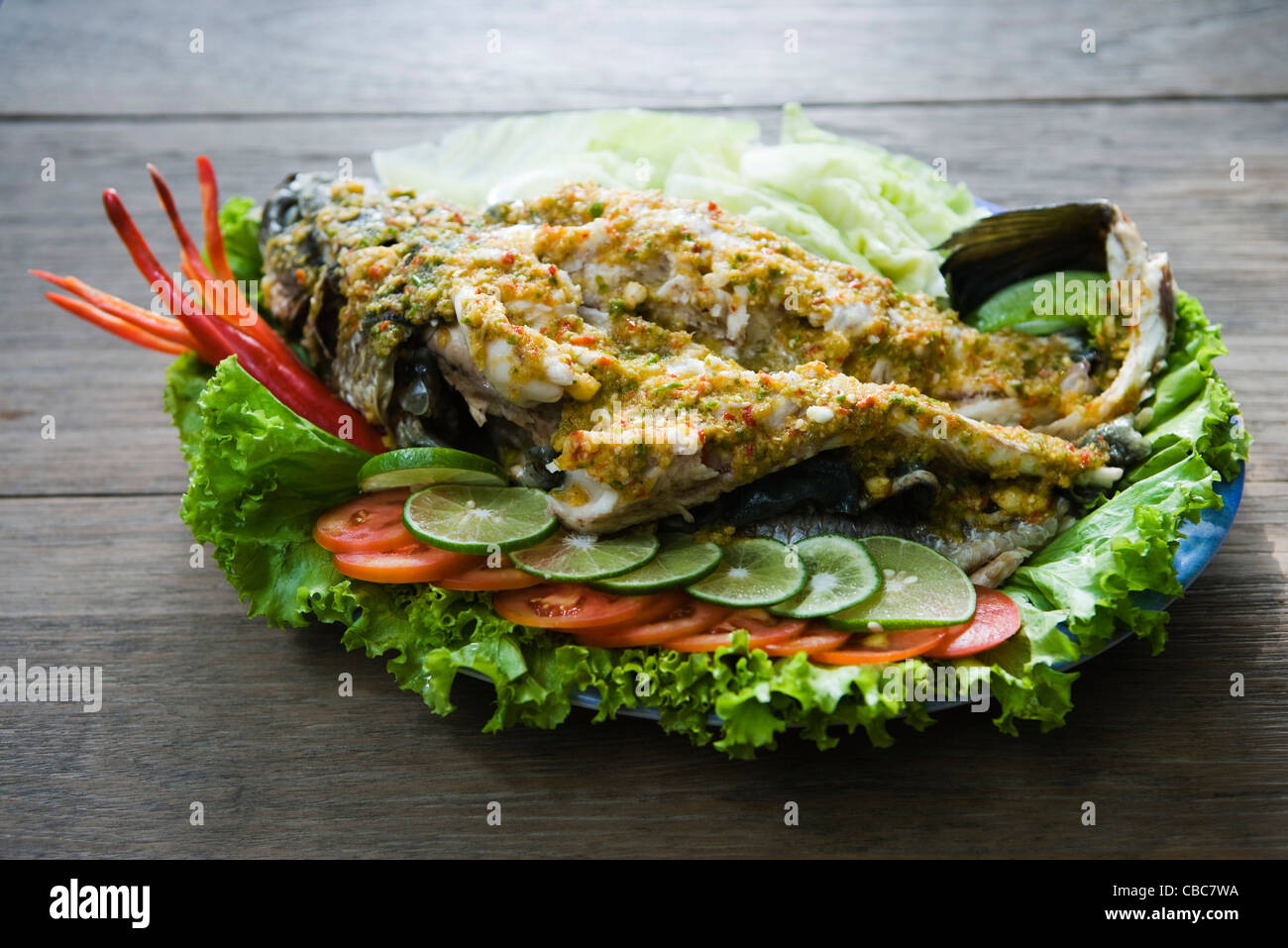 Thai piccante pesce al vapore Foto Stock