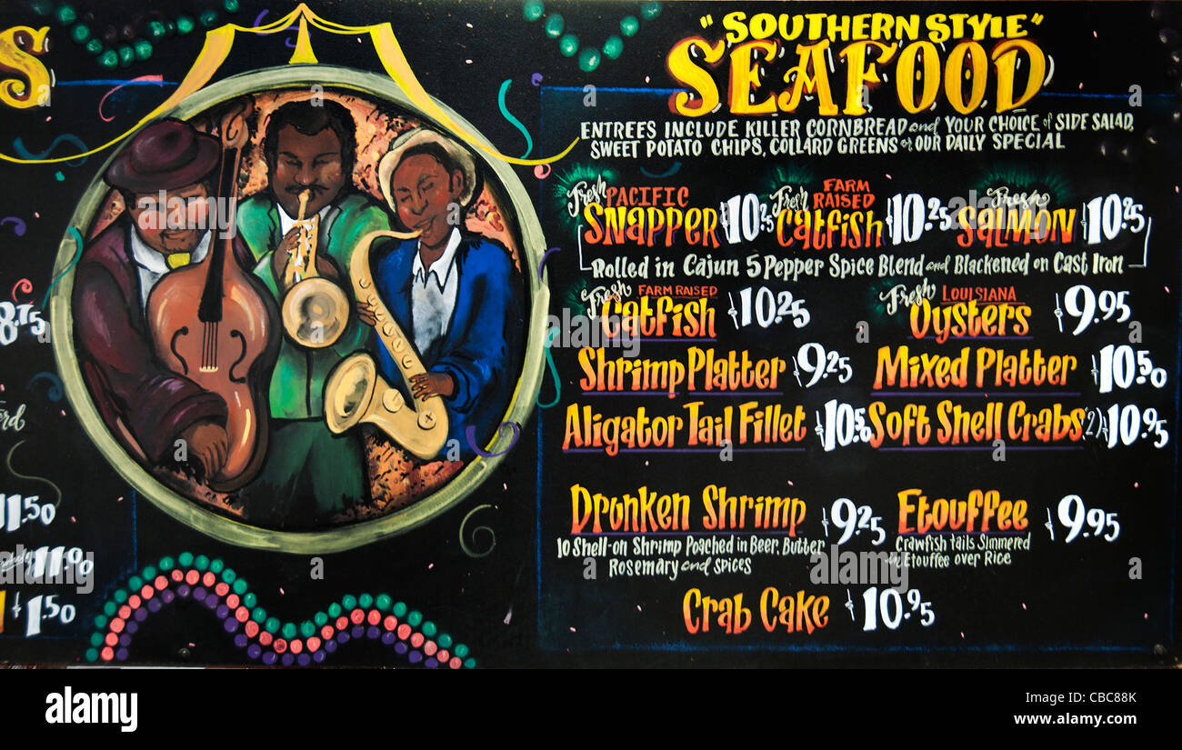 New Orleans Menu stile meridionale del Mare Ristorante cibo Cajun Jambalaya Seafood Cumbo negli Stati Uniti Foto Stock