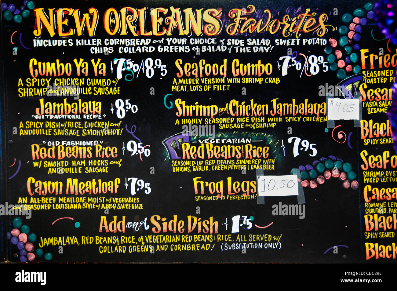 New Orleans Menu stile meridionale Ristorante Cajun pollo gamberetti Jambalaya Zuppa ai frutti di mare Stati Uniti Foto Stock