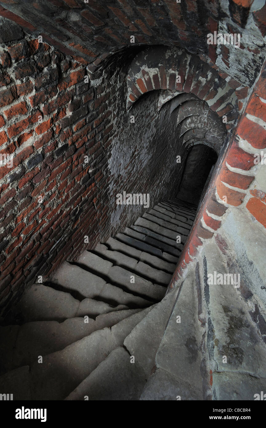 Stretta scalinata in pietra con soffitto a volta del medievale castello di Beersel, Belgio Foto Stock