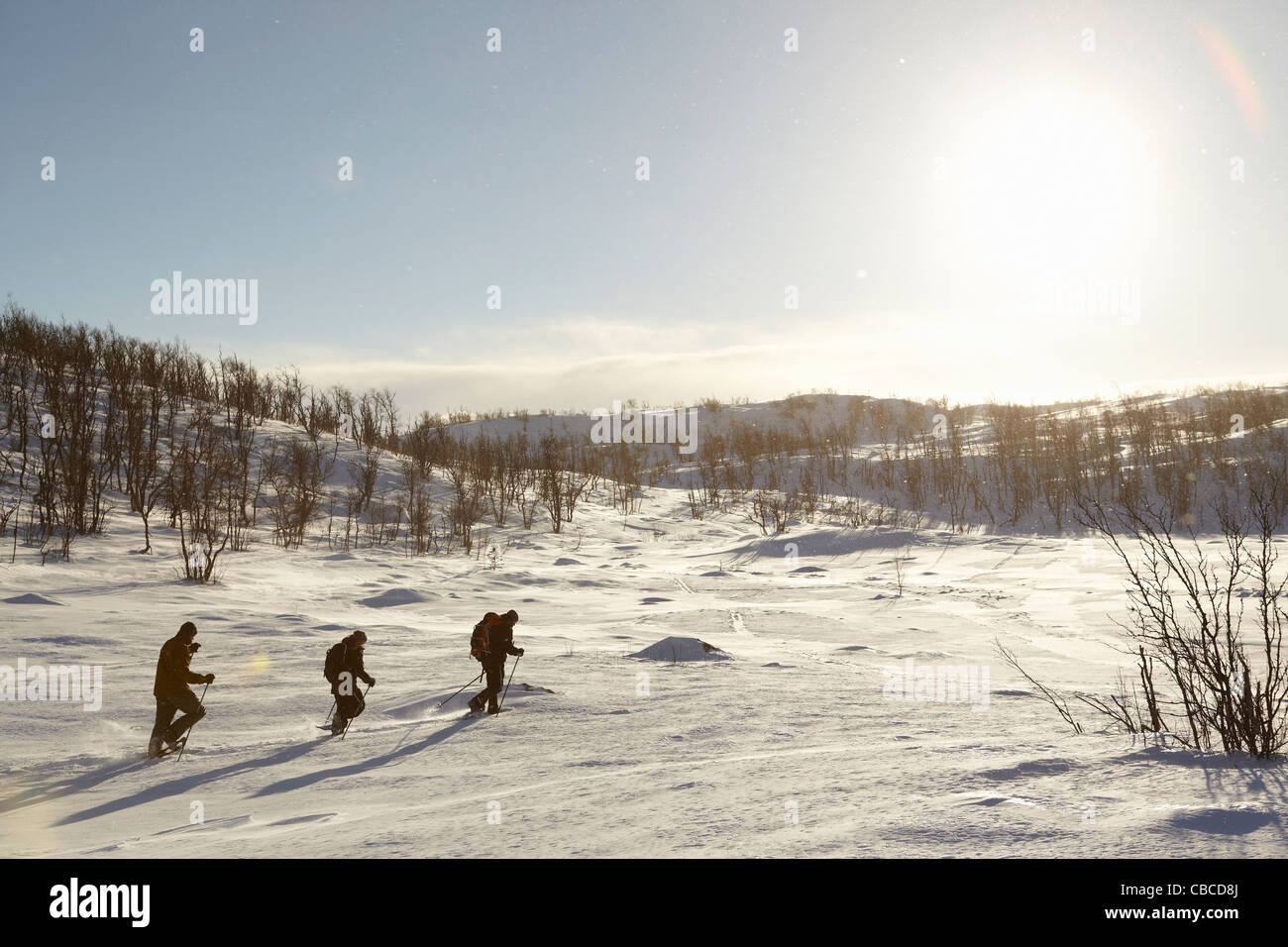 I fondisti a piedi nella neve Foto Stock