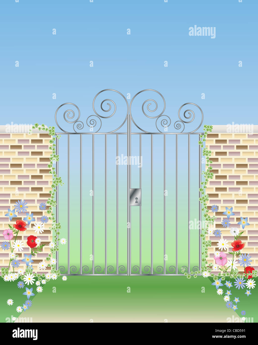 Una illustrazione di un gateway ornamentali con giardino pareti e fiori sotto un cielo blu Foto Stock