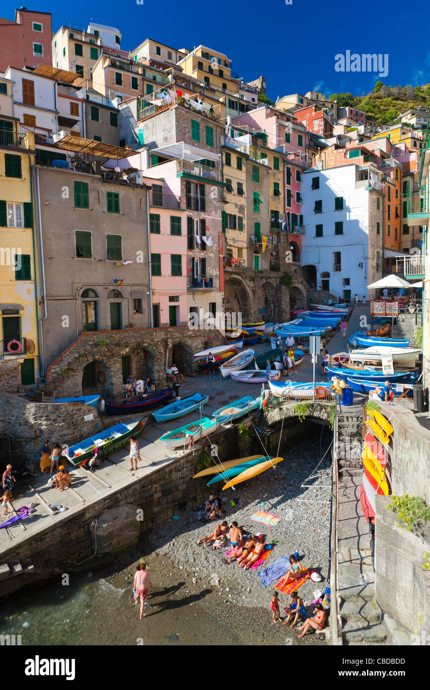 Riomaggiore Cinque Terre, provincia di La Spezia, Liguria, Italia, Europa Foto Stock
