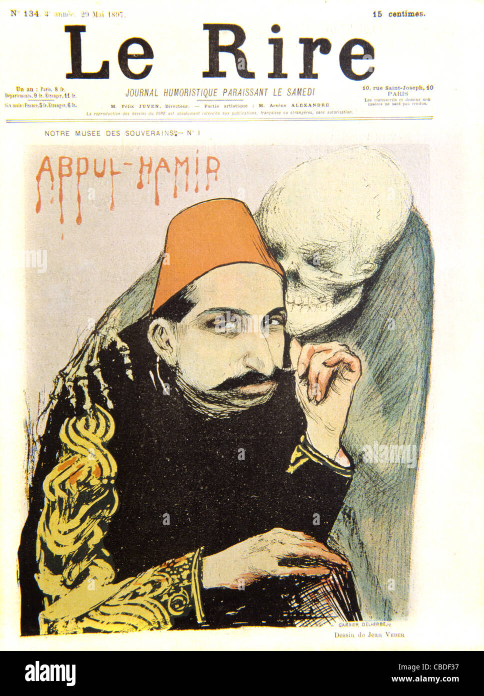 Sultano Abdul Hamid II, Imperatore Ottomano & l'uomo malato d'Europa, Turchia. Copertina della rivista satirica francese "le Rire" maggio 1897. Illustrazione vintage Foto Stock