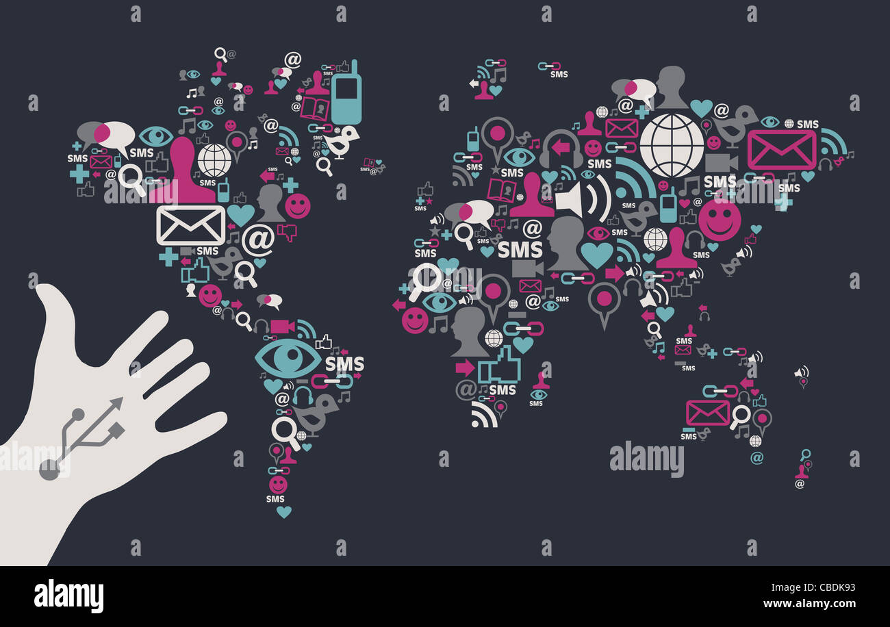 Social media set di icone nella mappa del mondo forma con uno USB a mano di colore bianco su sfondo nero. File vettoriale disponibile. Foto Stock