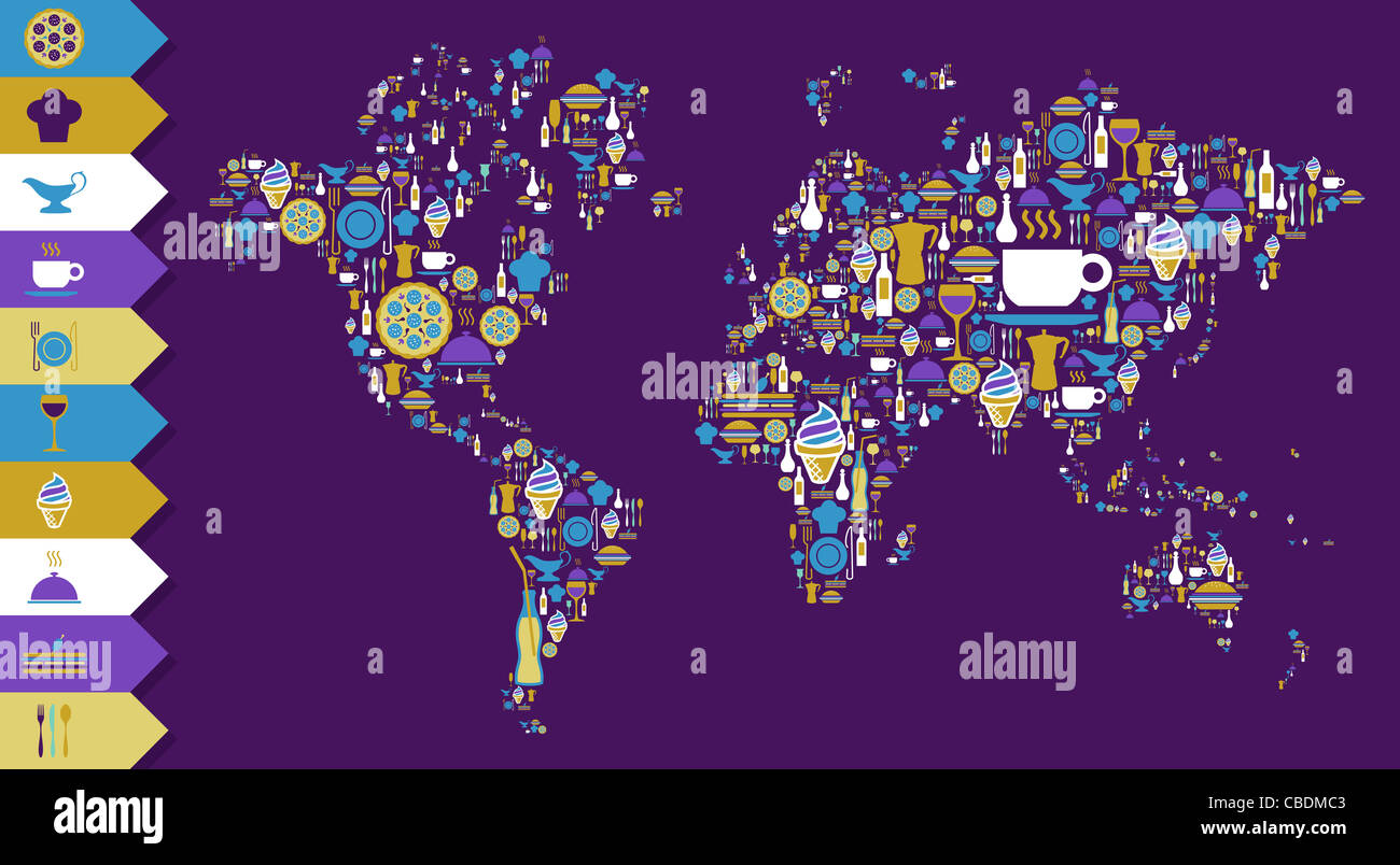 Mondo mappa del mondo forma resa con icone gourmet su sfondo viola. File vettoriale disponibile. Foto Stock