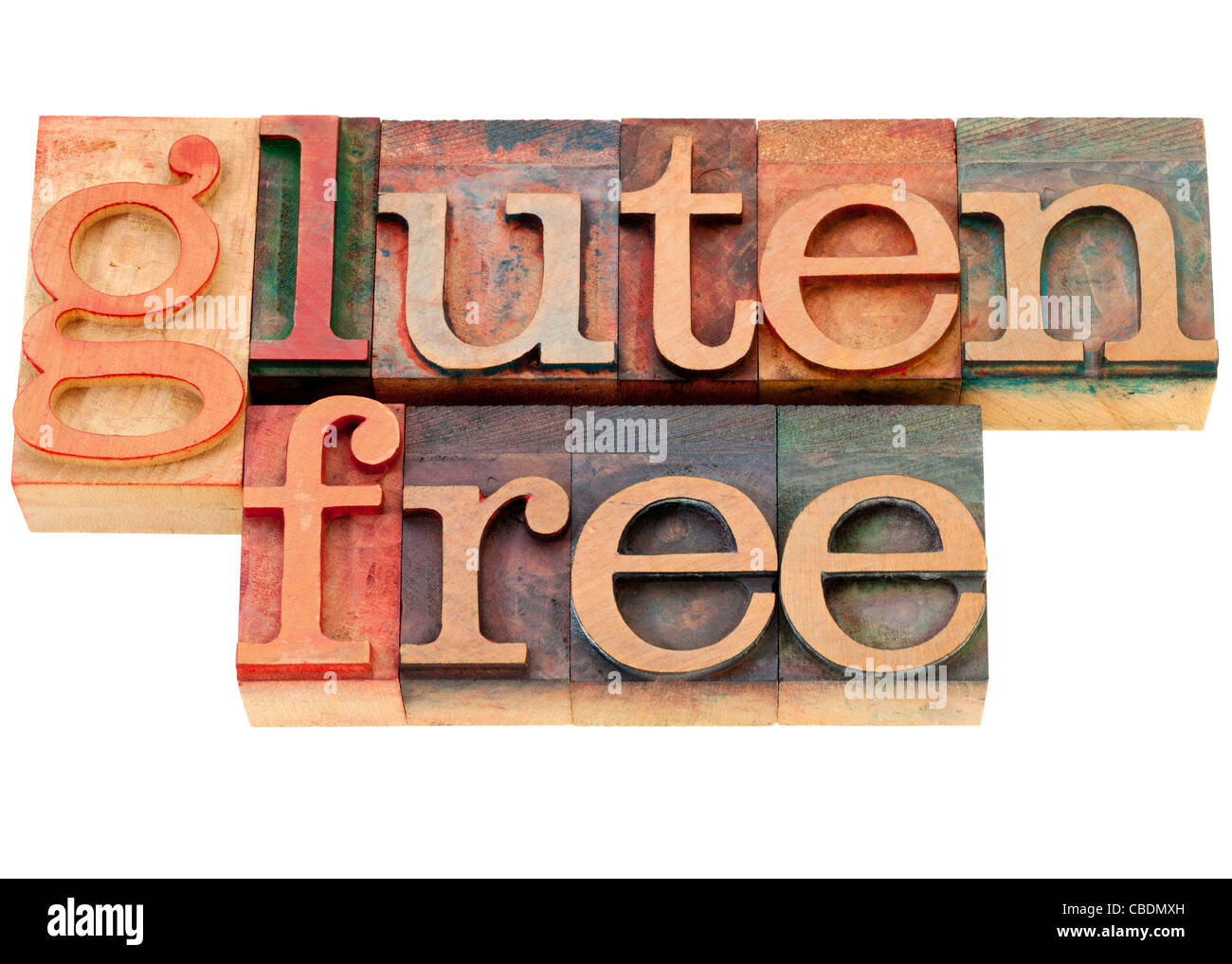 Dieta priva di glutine concetto - parole isolate in legno vintage tipografia blocchi Foto Stock