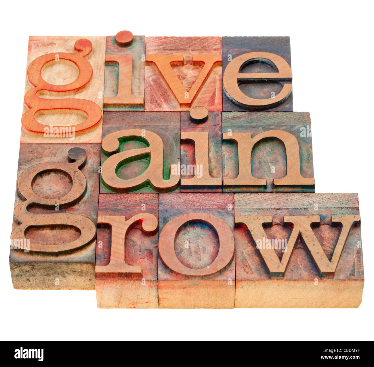 Dare, di guadagno e di crescita : sviluppo personale concetto - parola isolata abstract in legno vintage tipografia blocchi Foto Stock