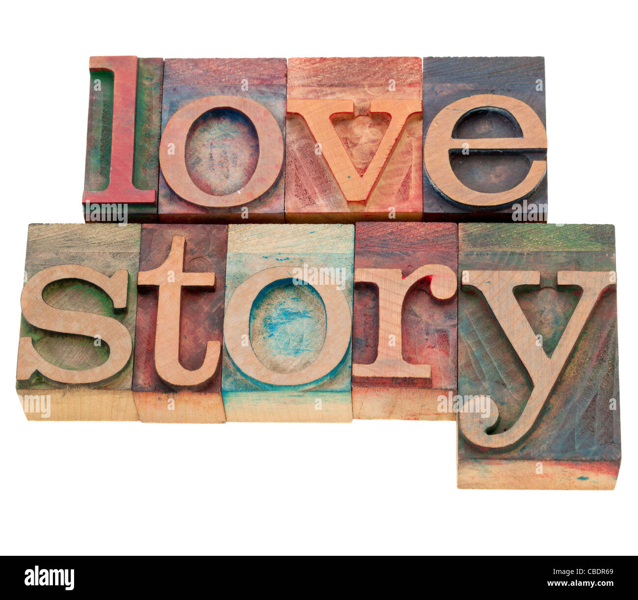 Una storia di amore - parole isolate in legno vintage tipografia blocchi Foto Stock