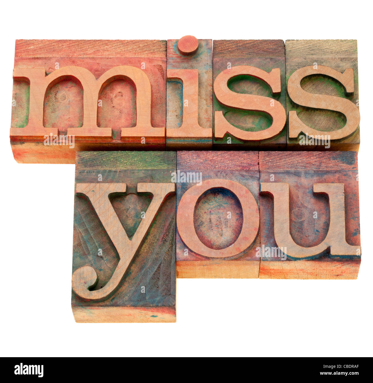 Miss you - parole isolate in legno vintage tipografia blocchi Foto Stock