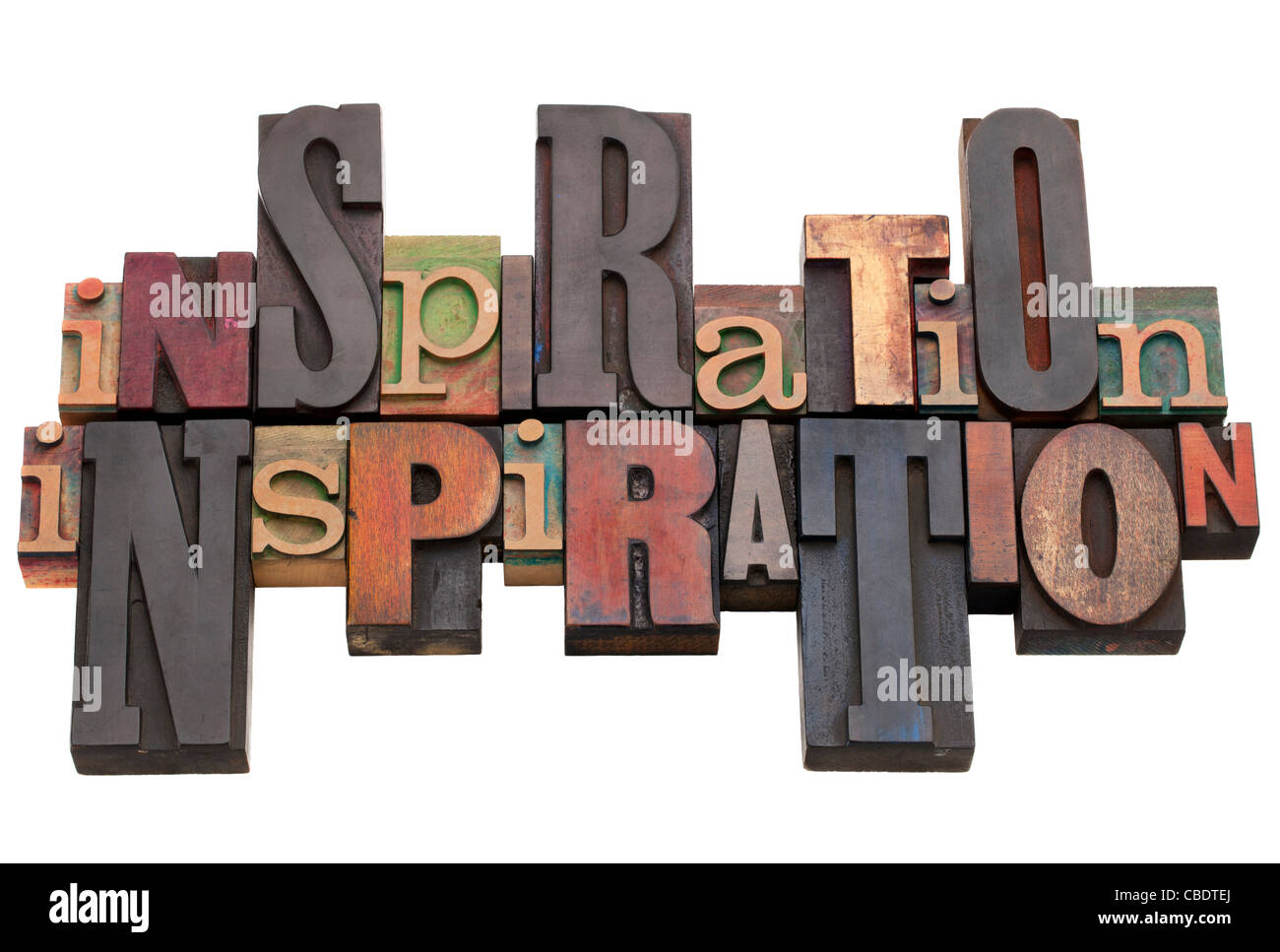 Ispirazione parola abstract in legno vintage tipografia, blocchi di diverse dimensioni e stili, isolato su bianco Foto Stock