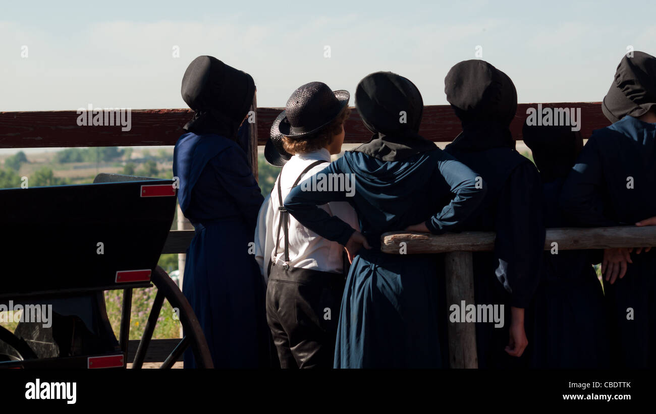 I bambini Amish in azienda. Foto Stock