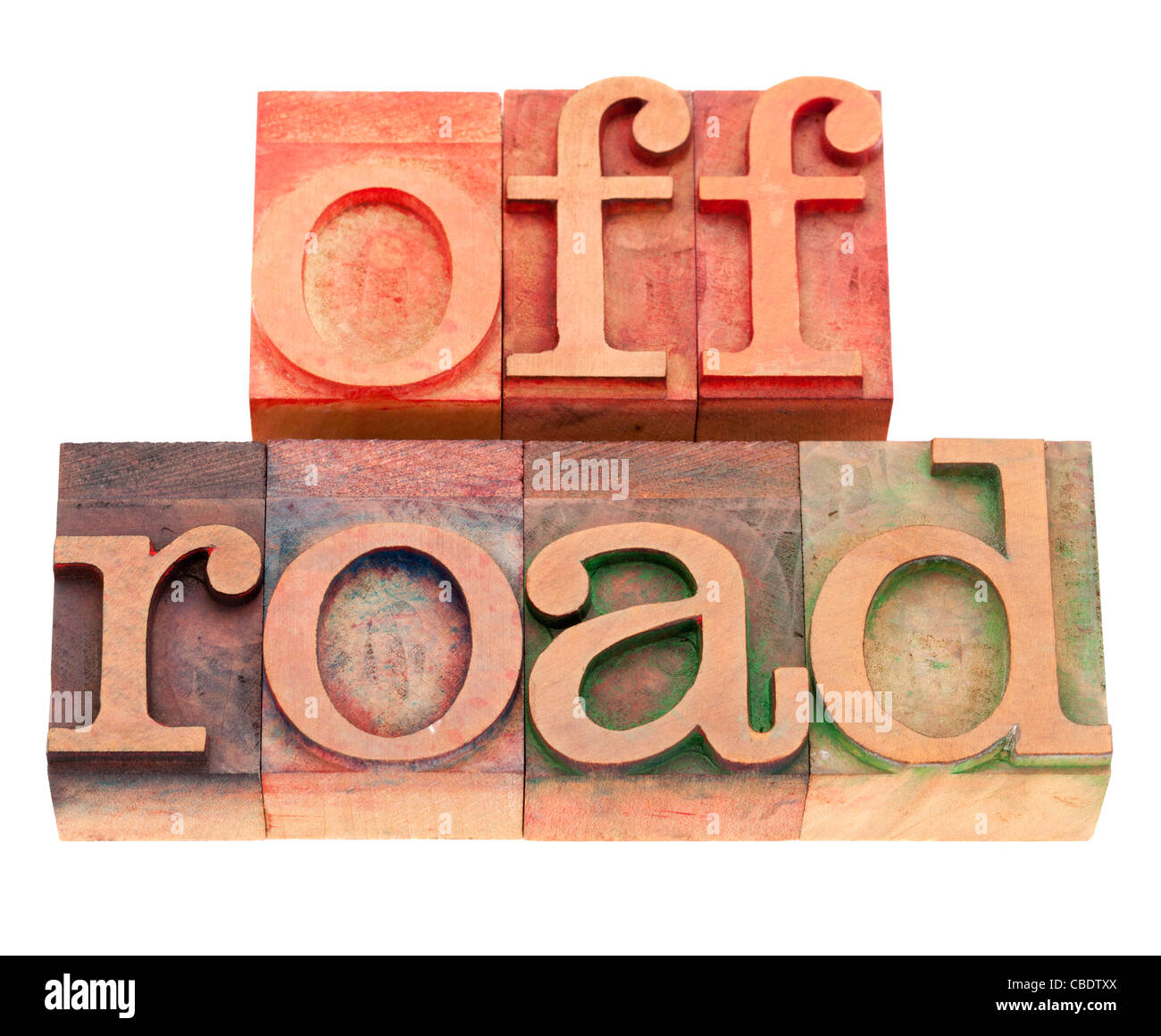 Off road parole in legno vintage tipografia blocchi, isolato su bianco Foto Stock