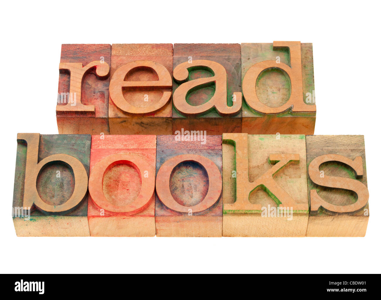 Leggere libri suggerimento in legno vintage tipografia blocchi, isolato su bianco Foto Stock