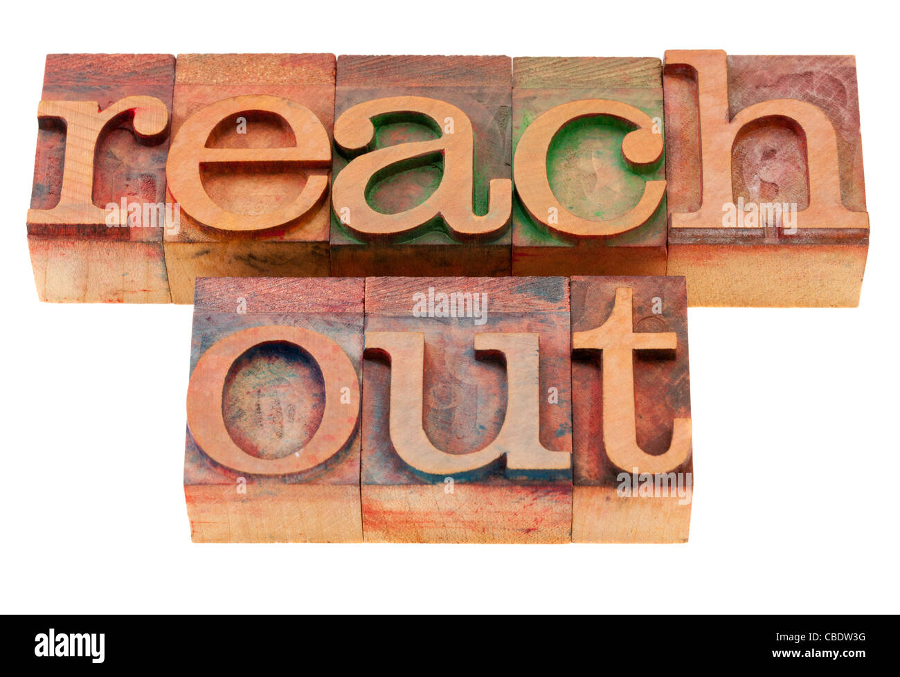 Raggiungere la frase in legno vintage tipografia blocchi, isolato su bianco Foto Stock