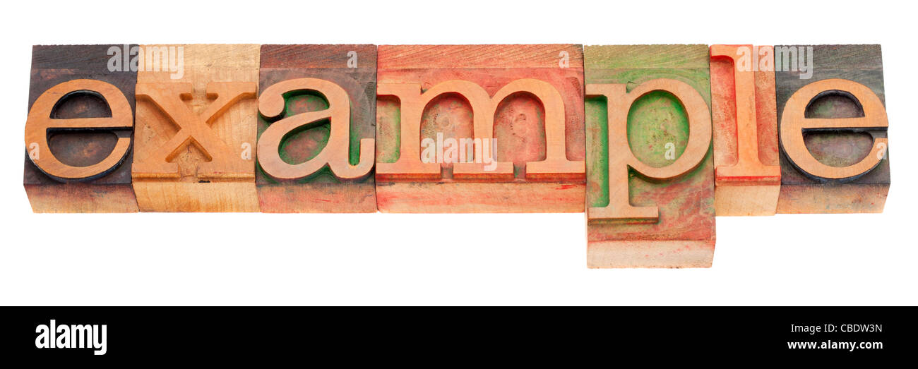 Esempio di word in legno vintage tipografia blocchi, macchiata di inchiostri a colori, isolato su bianco Foto Stock