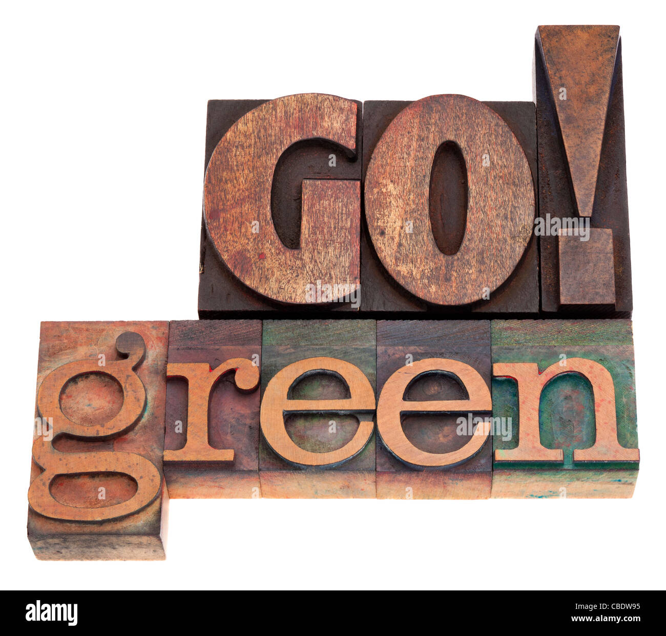 Go Green - testo isolato in rilievografia vintage tipo legno blocchi Foto Stock