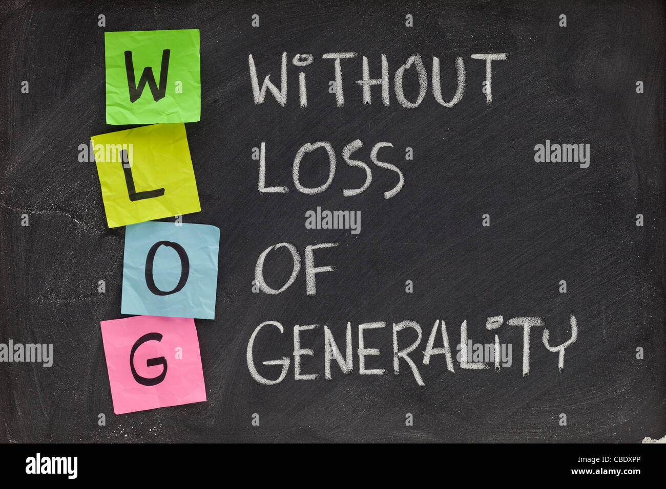WLOG (senza perdita di generalità) - acronimo e una frase utilizzata in matematica e scienze, applicabile più in generale Foto Stock