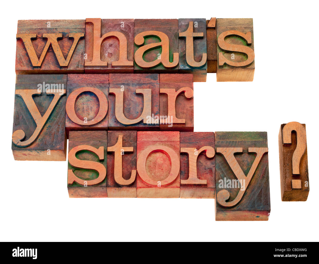 Qual è la vostra storia domanda in legno vintage tipografia blocchi, macchiata di inchiostri a colori, isolato su bianco Foto Stock