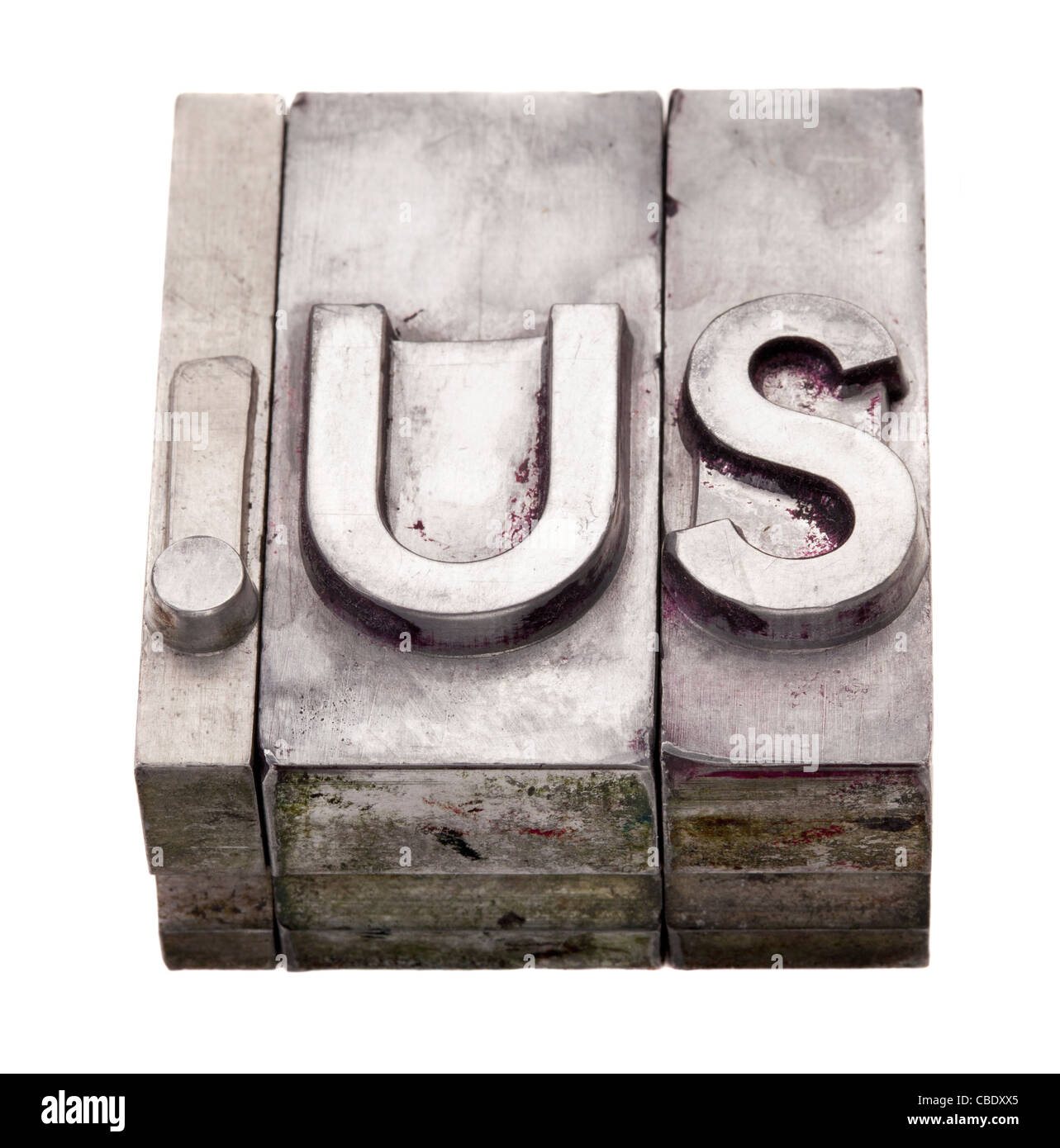 Dot us - internet country code top-level domain per USA, grunge metal tipografia blocchi, macchiata di inchiostri a colori Foto Stock