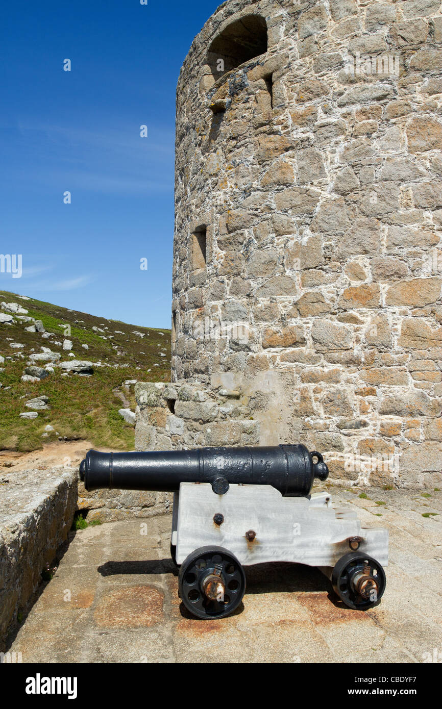 Cromwell's Castle canon, Tresco Isole Scilly Cornwall Regno Unito. Foto Stock