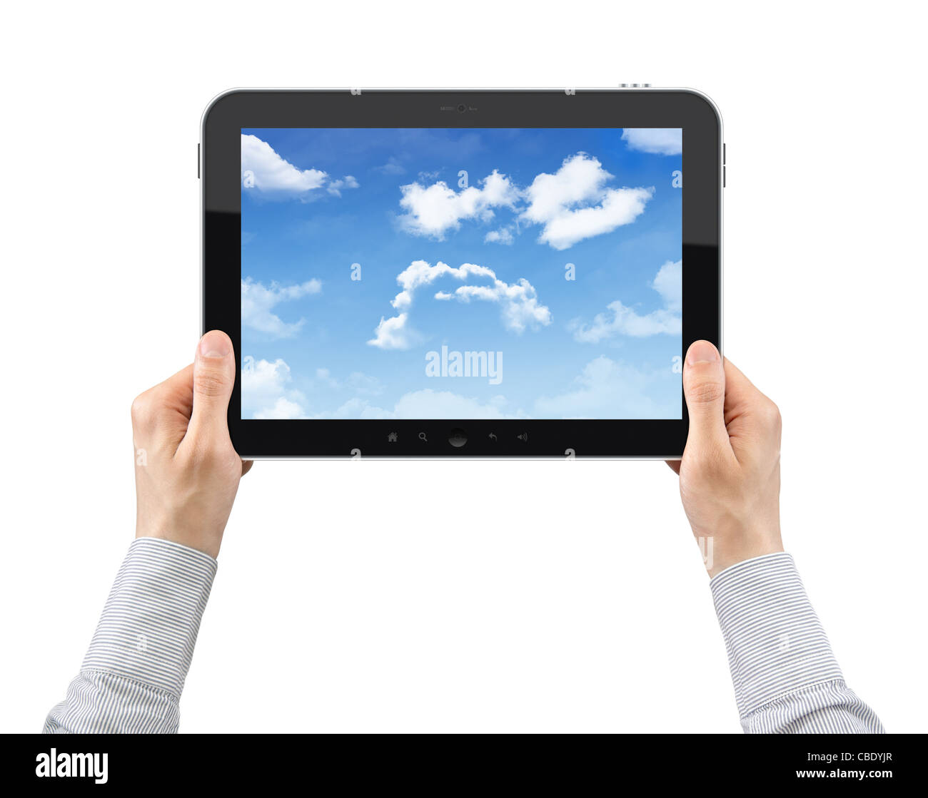 Imprenditore mani sono tenendo la tavoletta digitale con cielo nuvoloso sullo schermo. Isolato su bianco. Foto Stock