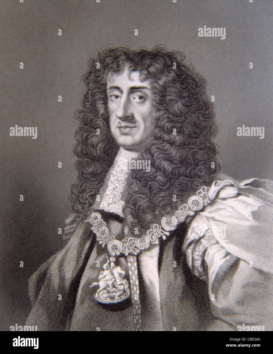 Ritratto di Carlo II d'Inghilterra (1630-1685) Re d'Inghilterra, Scozia e Irlanda (1660-1685) Ritratto c19 incisione o illustrazione d'epoca Foto Stock