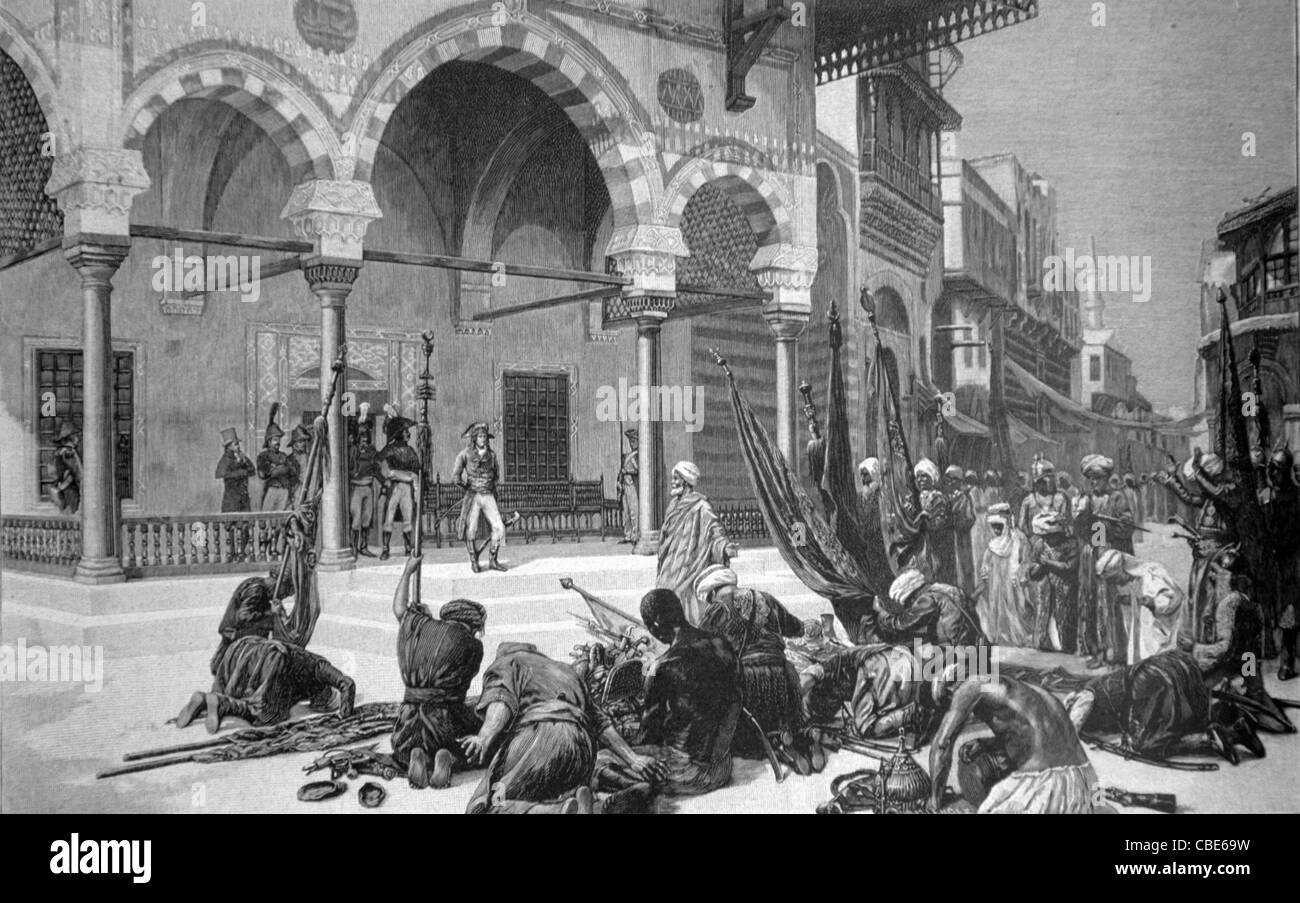 Sottomissione dei Mamelucchi a Napoleone Bonaparte dopo la Battaglia delle Piramidi o Embabeh nel 1798, Egitto. Campagna egiziana. Illustrazione o incisione vintage Foto Stock