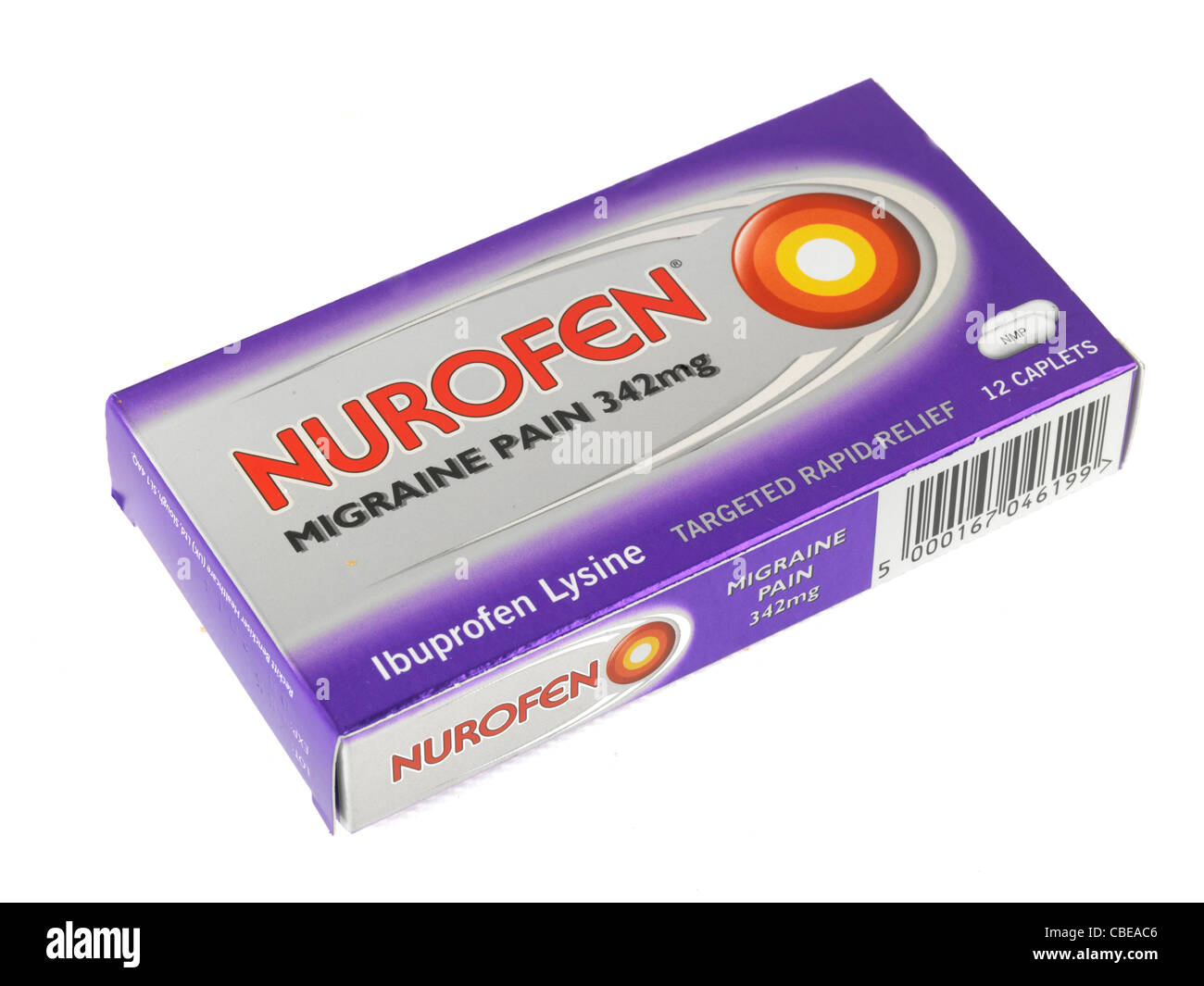 Nurofen o Ibuprofen sopra la Medicina contro il dolore, isolato su bianco senza persone Foto Stock