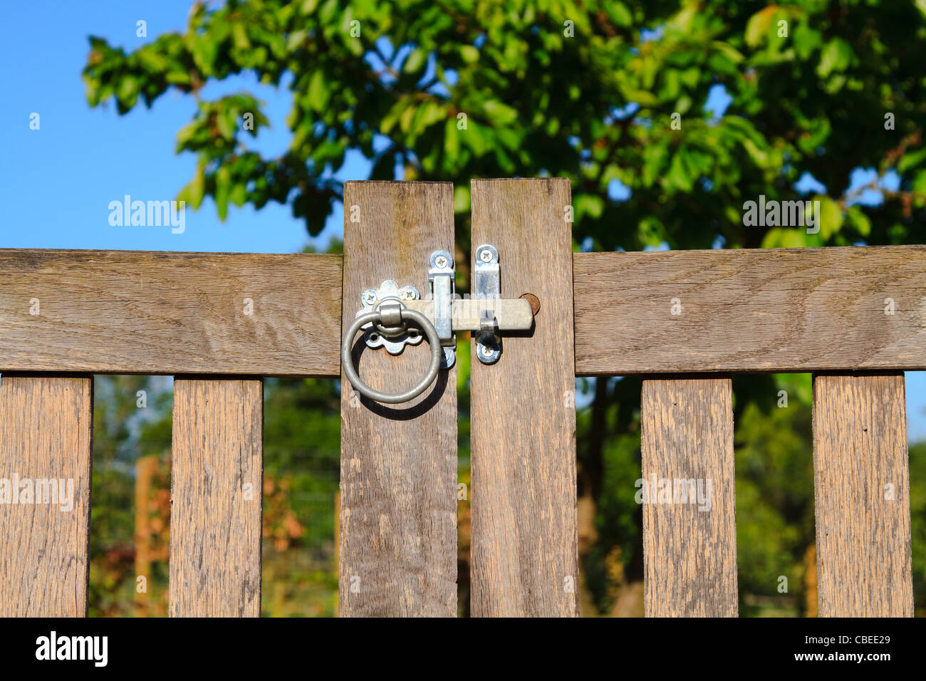 Bloccato chiuso cancello di legno in una giornata di sole Foto Stock