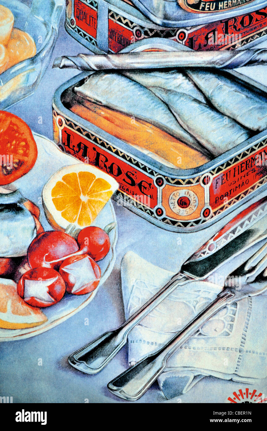 Portogallo: storico annuncio dell'acciuga fabbrica di stagno Feu Hermanos e la sardina marchio "La Rose', Museu de Portimao Foto Stock