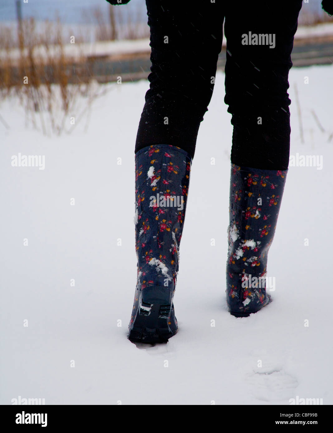 Una donna che indossa wellingtons colorato nella neve  Inverno Meteo Foto Stock