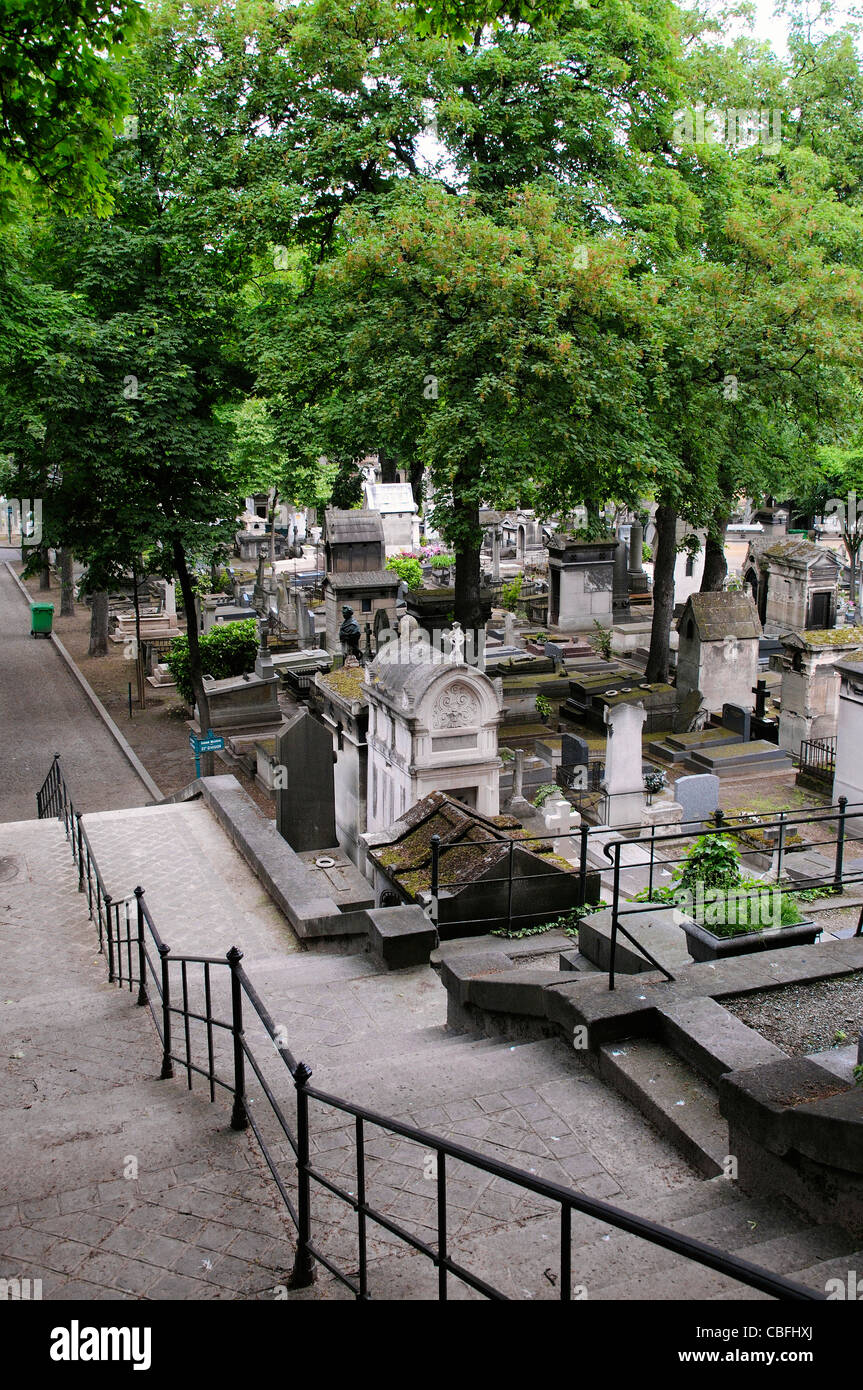 La scalinata in pietra che conduce verso il basso nel cimitero di Montmartre Foto Stock