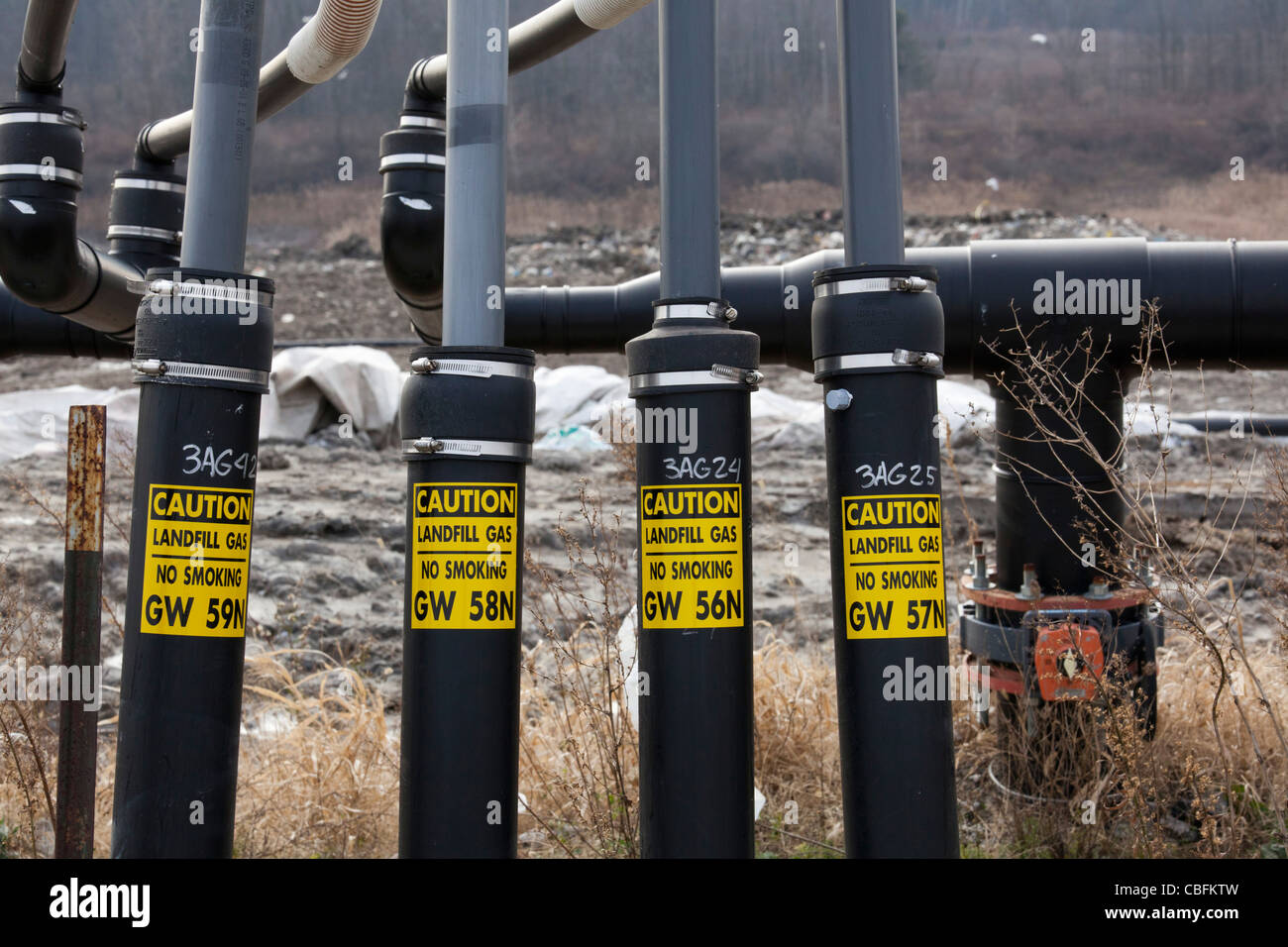 Pozzetti raccogliere gas metano di decadere garbage a St Clair County's Smith's Creek discarica. Foto Stock
