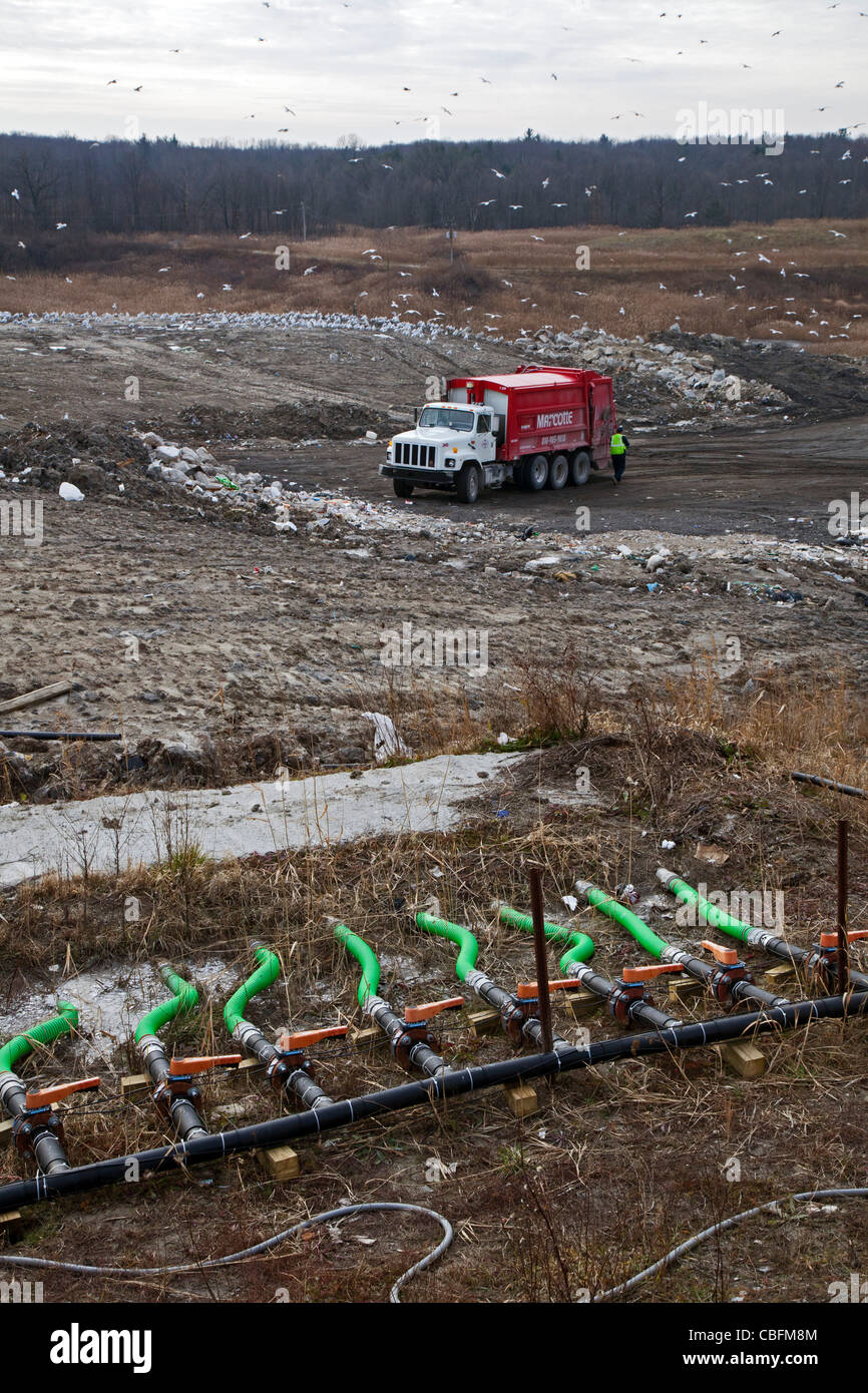 Il materiale raccolto da serbatoi settici viene iniettato attraverso tubi di verde in St Clair County's Smith's Creek discarica. Foto Stock