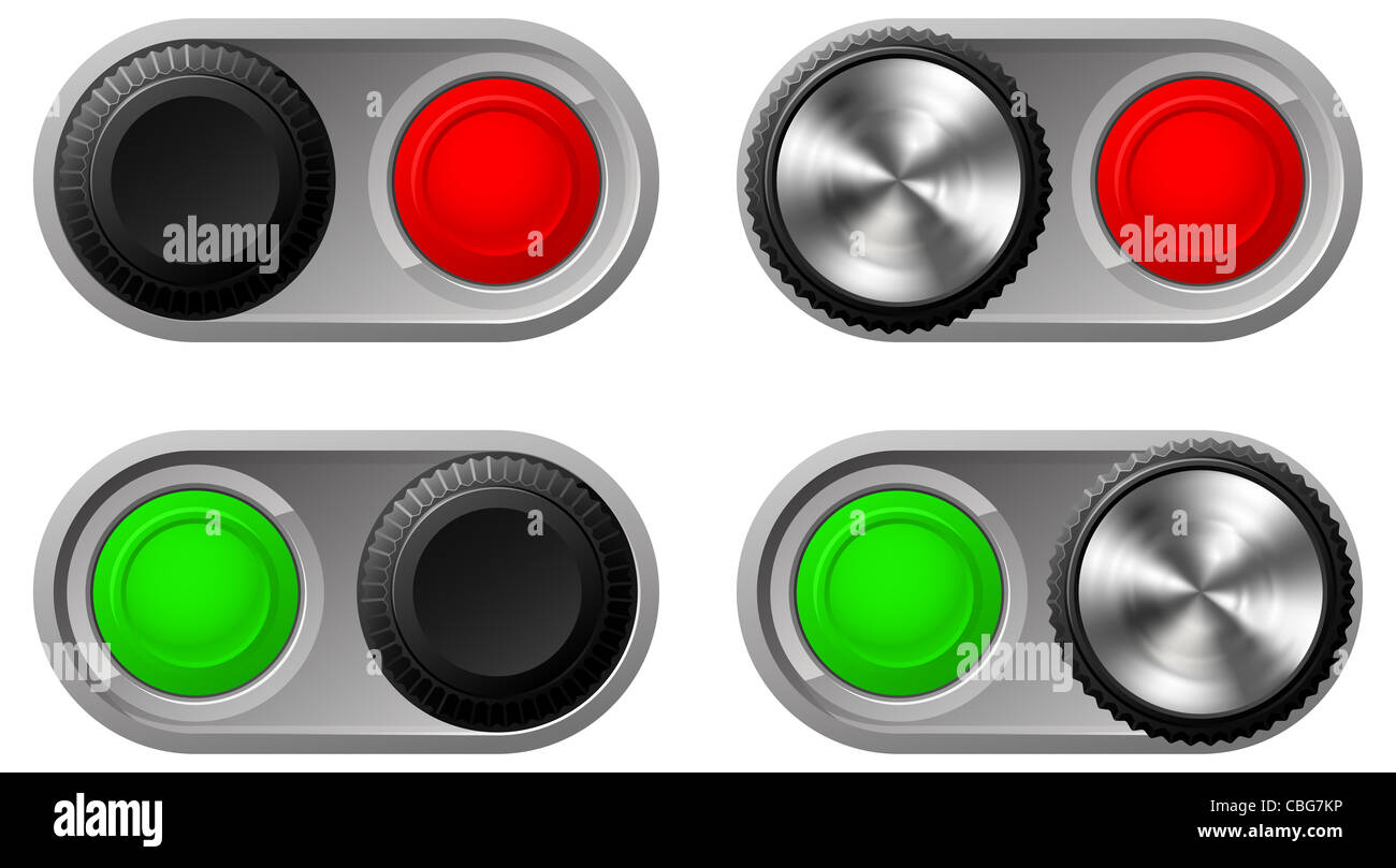 Illustrazione di interruttori a levetta in entrambe le impostazioni con il verde e le luci rosse Foto Stock