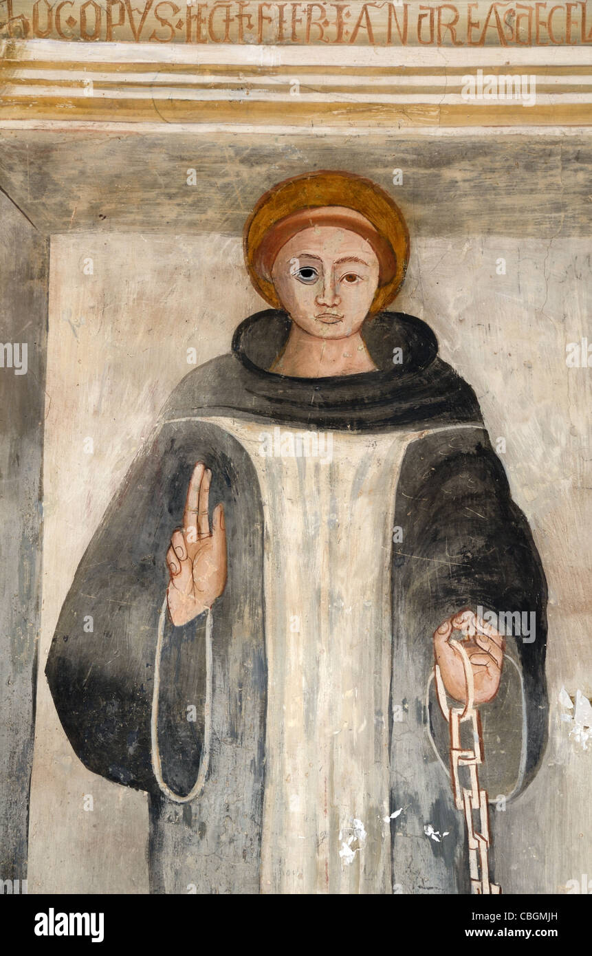 San Bernardo di Menthon (1510) fresco di Andrea de cella, Cappella di San Bernardo e San Sebastiano, Roure, Alpes-Maritimes, Francia Foto Stock