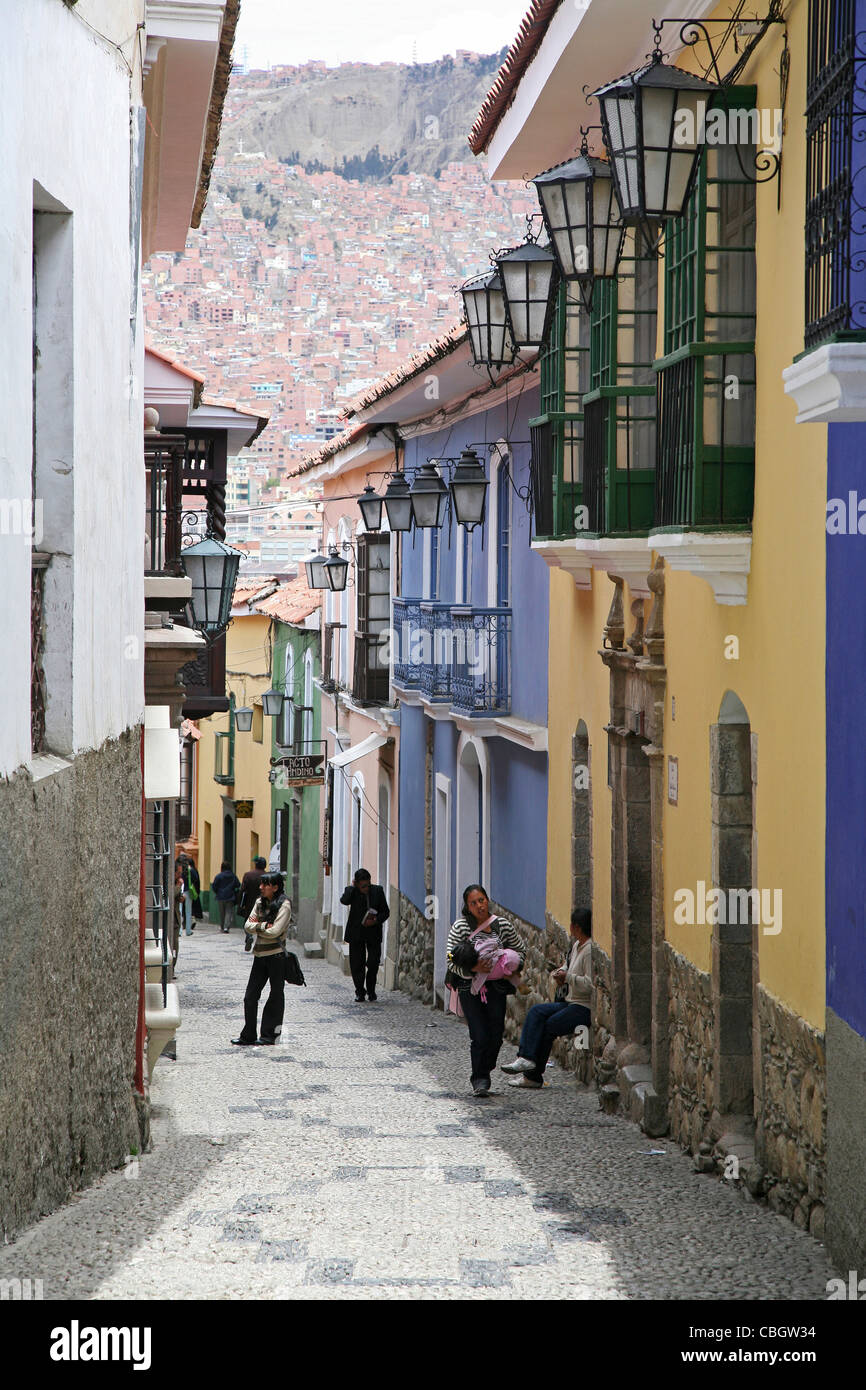 Calle Jaen, una strada coloniale in stile Spagnolo in La Paz in Bolivia Foto Stock