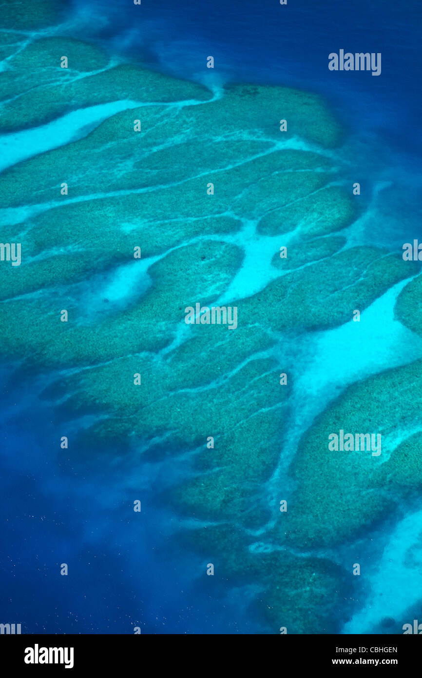 Coral reef vicino a Monuriki Island, Isole della Mamanuca, Figi, South Pacific - aerial Foto Stock