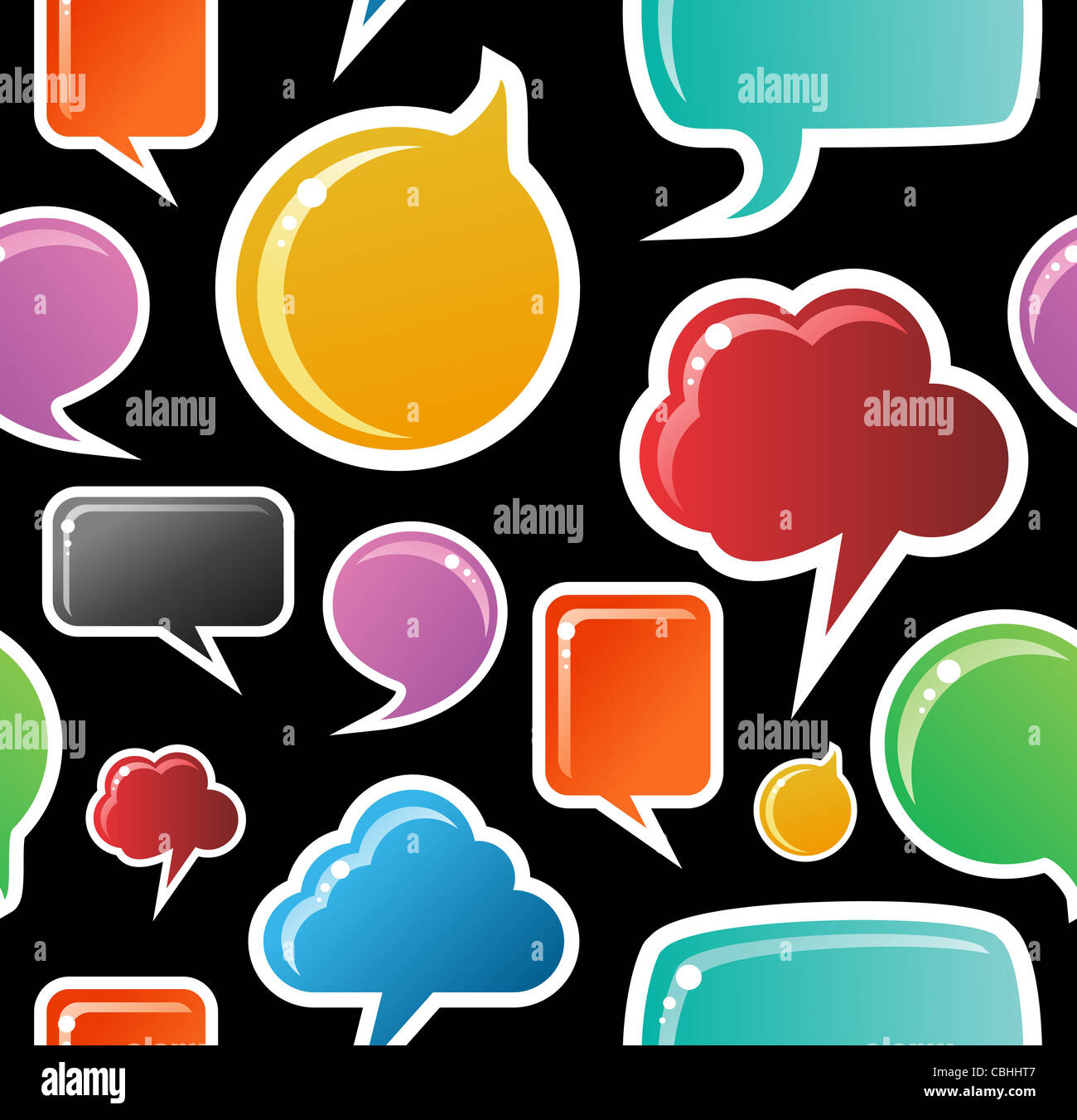 Discorso sociale bolle in diversi colori e forma perfetta illustrazione del modello. Sfondo nero file vettoriale disponibile. Foto Stock