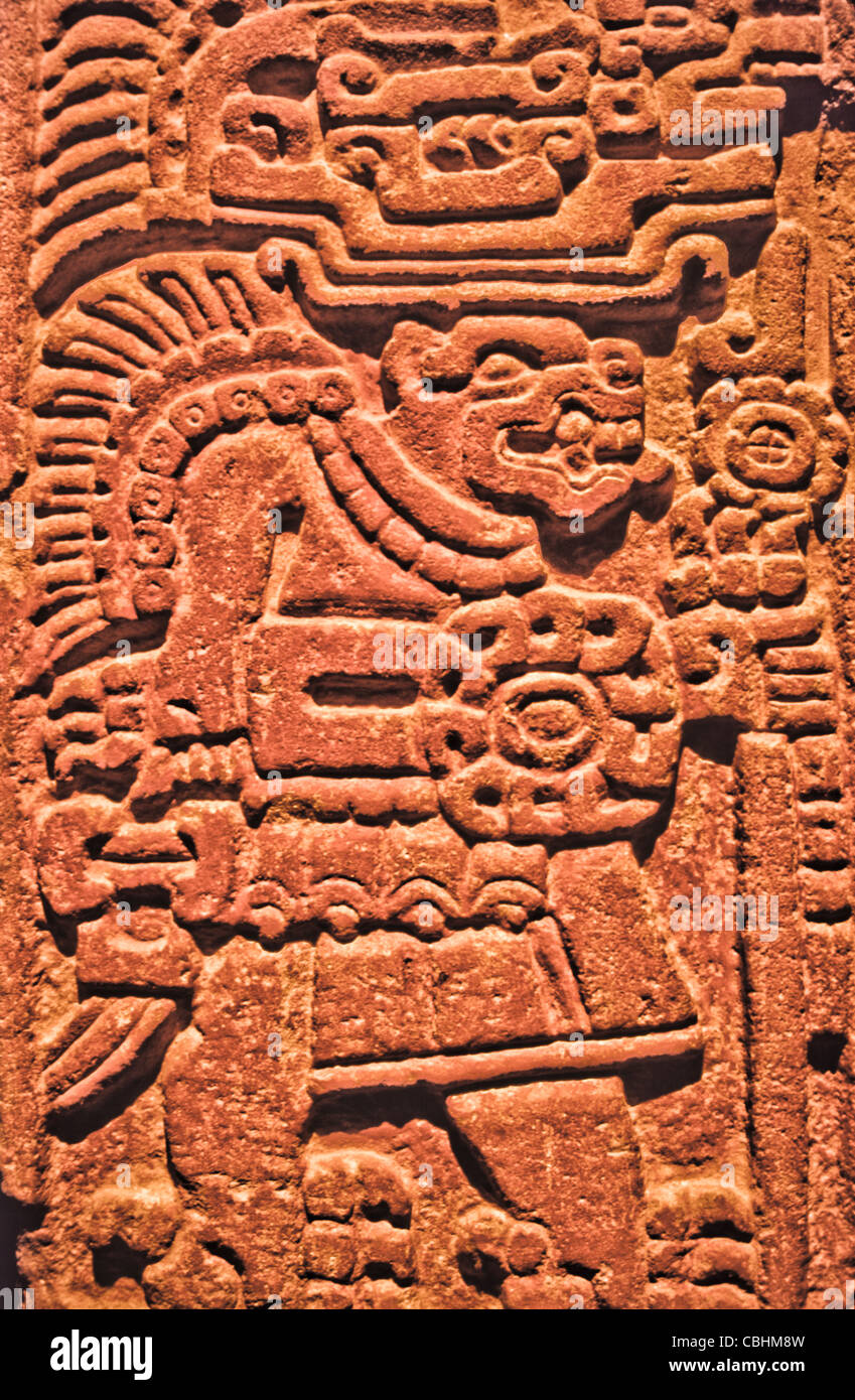 Precolombiana pietra intagliata stele in entrata delle culture di Oaxaca Museum, Santo Domingo de Guzman Ex Convento di Oaxaca, Messico Foto Stock