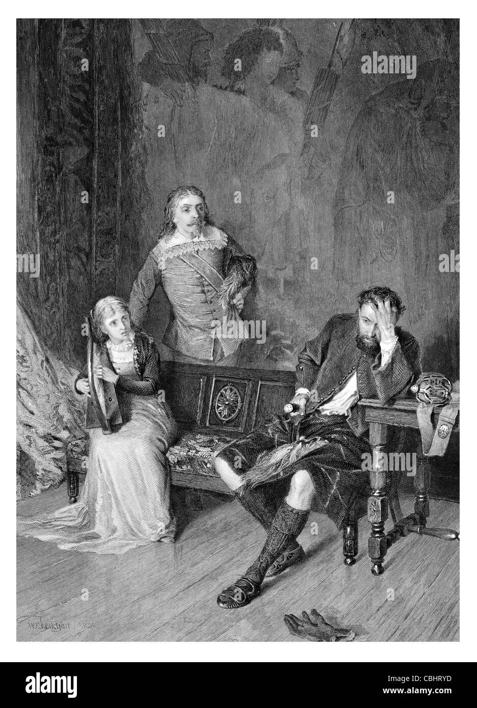 Leggenda di Montrose Annot Lyle Signore Meneith e Allan M'aulay triste camera arrabbiato uomo marito e moglie servo periodo kilt in costume Foto Stock