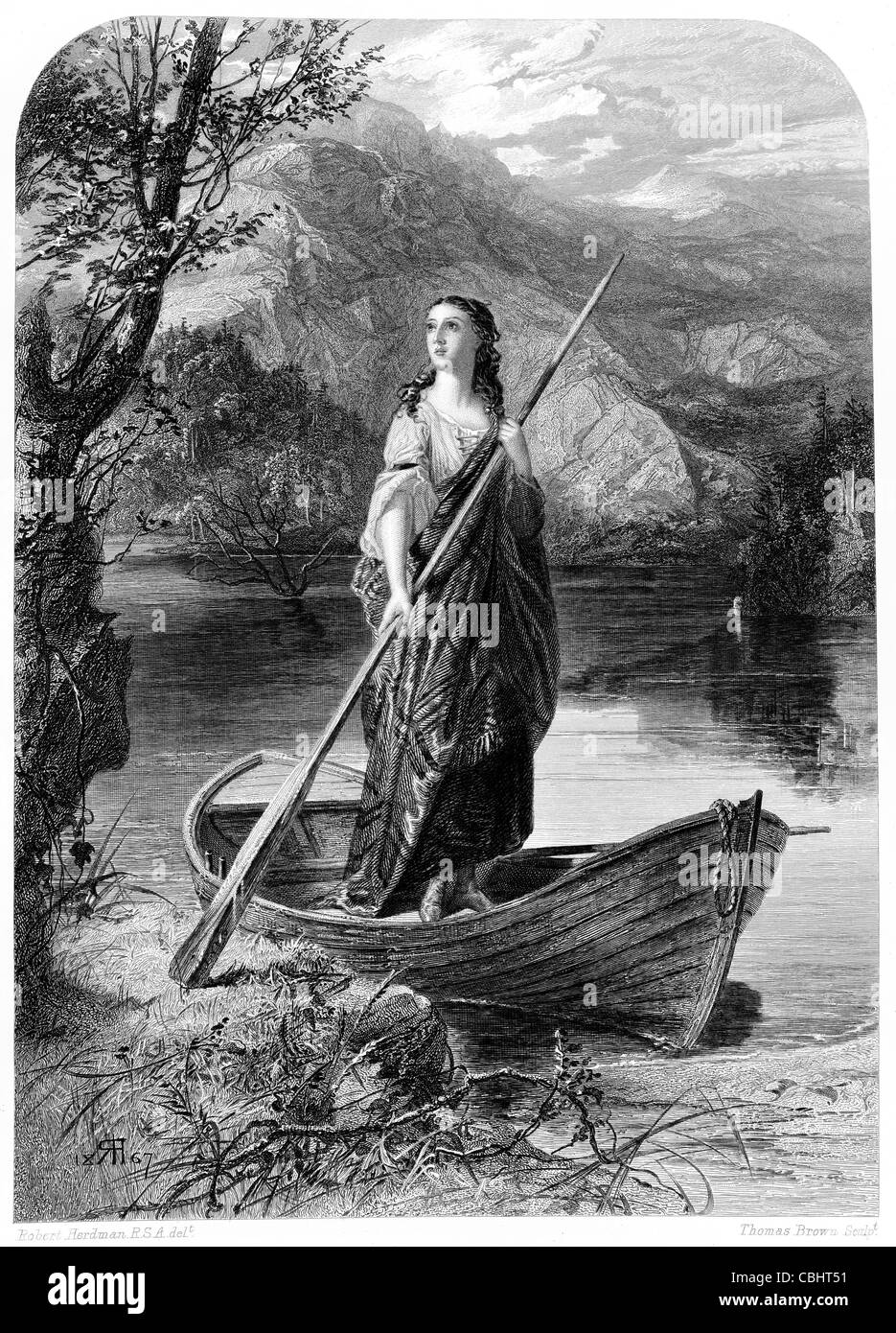 Signora del Lago arturiana Re Artù spada Excalibur barca a remi Merlin Lancelot mito Foto Stock