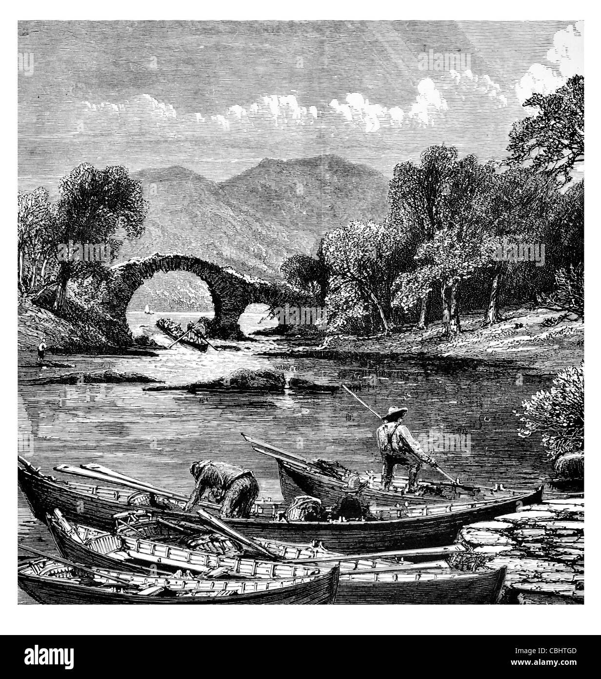 Il vecchio ponte di stramazzo Killarney County Kerry pesca sul fiume angling pescatore regata Irlanda irlandese Richard Lovett 1888 Ulster Scots Foto Stock