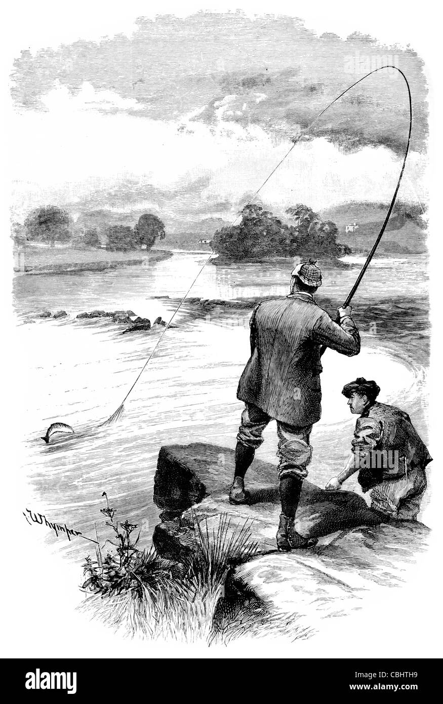 Fiume Shannon in Irlanda Castello Connell rovinato Limerick rovina rovine pescatore di pesca Pesca sportiva fisherman tweed tartan canna da mosca affrontare boy Foto Stock
