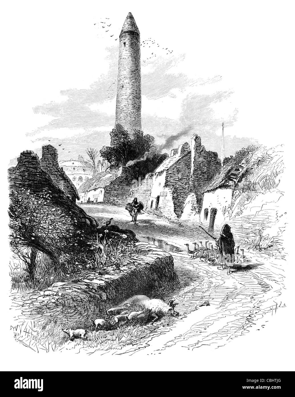 Killala County Mayo ovest Irlanda round tower Stormo di oche road Eire Irish street hill house cottage in pietra rurali campagna Foto Stock