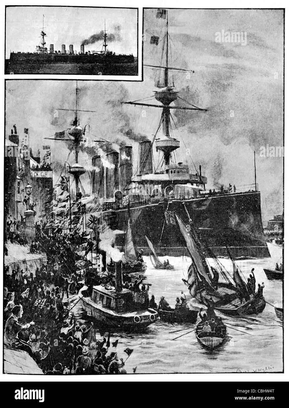 HMS Fowerful entrando in Portsmouth Porto 21 aprile 1900 potente nave-classe protetta cruiser Royal Navy Naval assedio Ladysmith Foto Stock