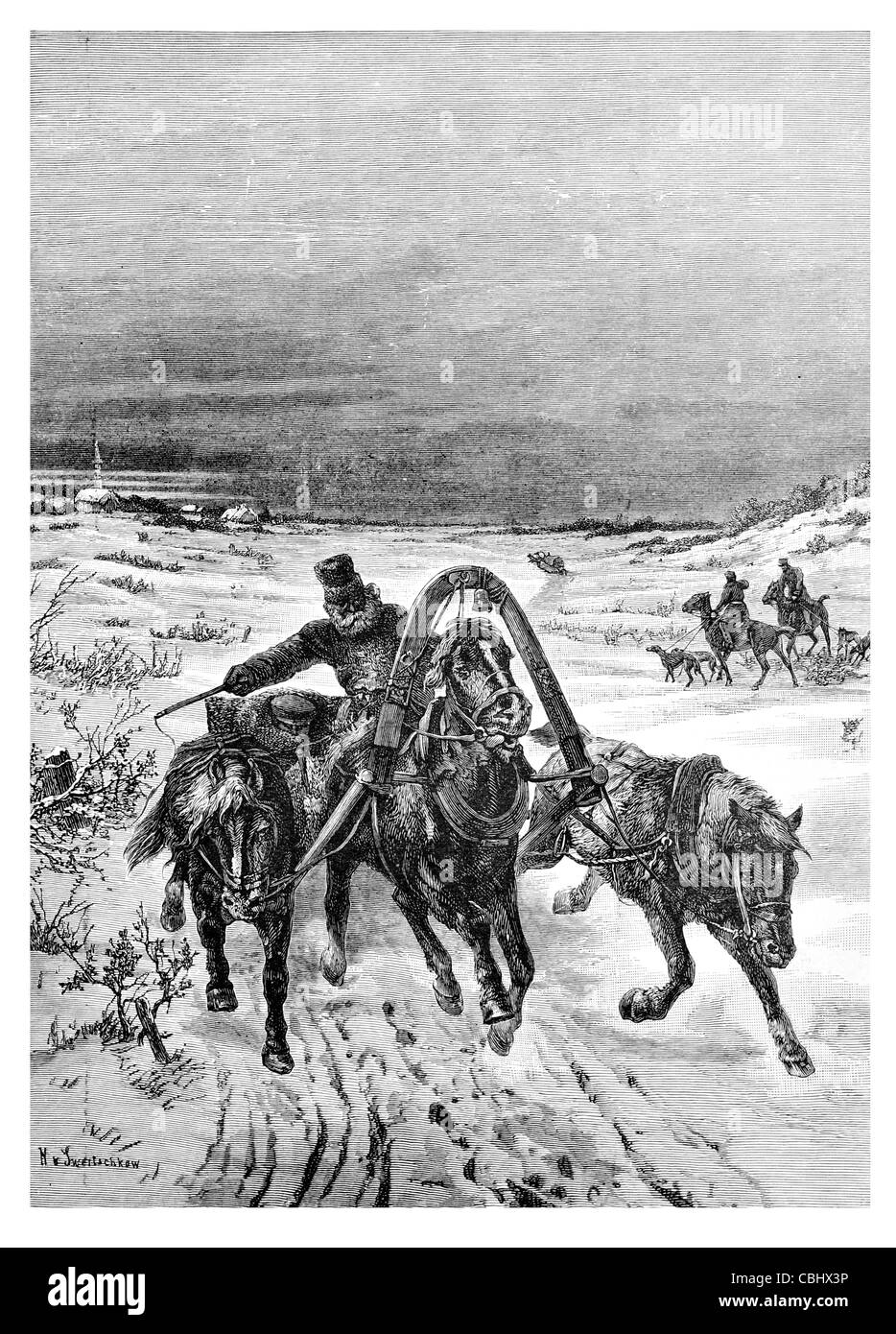 Il russo lo slittino e coursing sledge Sleigh Ride Pony cavallo sella carrello regnare frusta winter snow ice Foto Stock